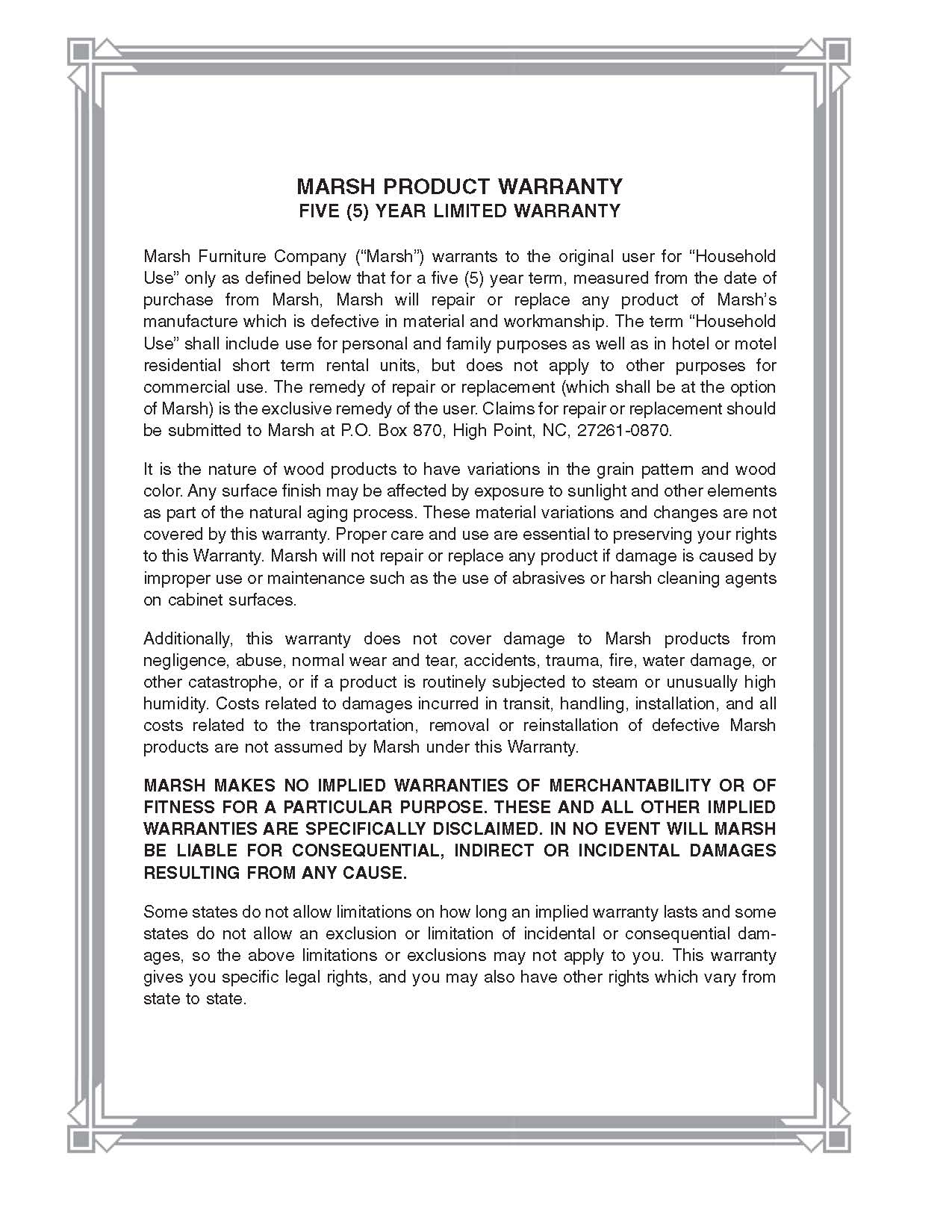 Marsh Cabinet Warranty
